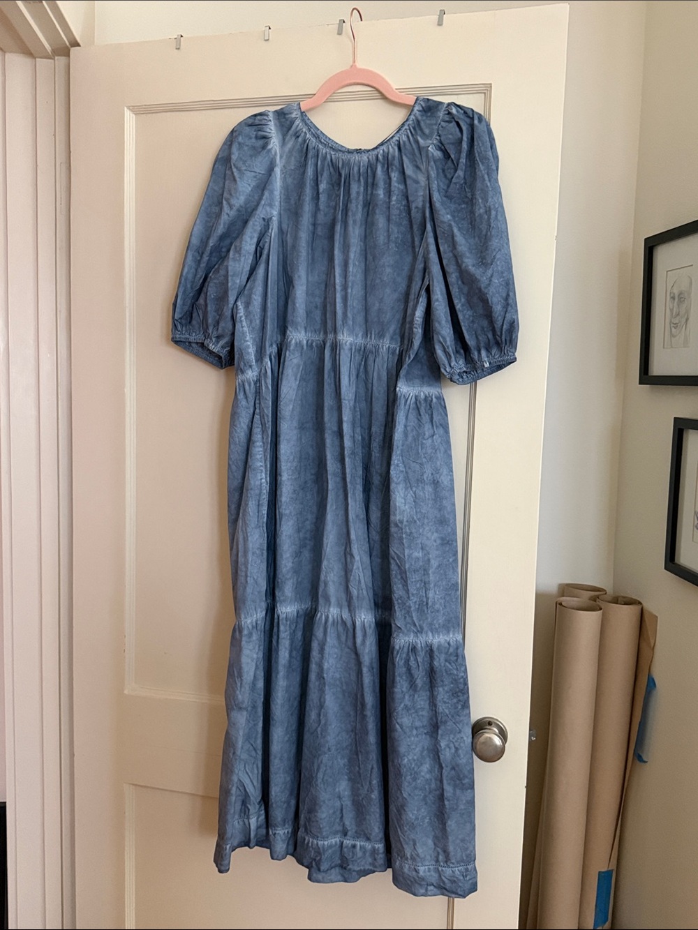 THE GREAT. Dusty Blue Tiered Puff-Sleeve Midi PARK Dress